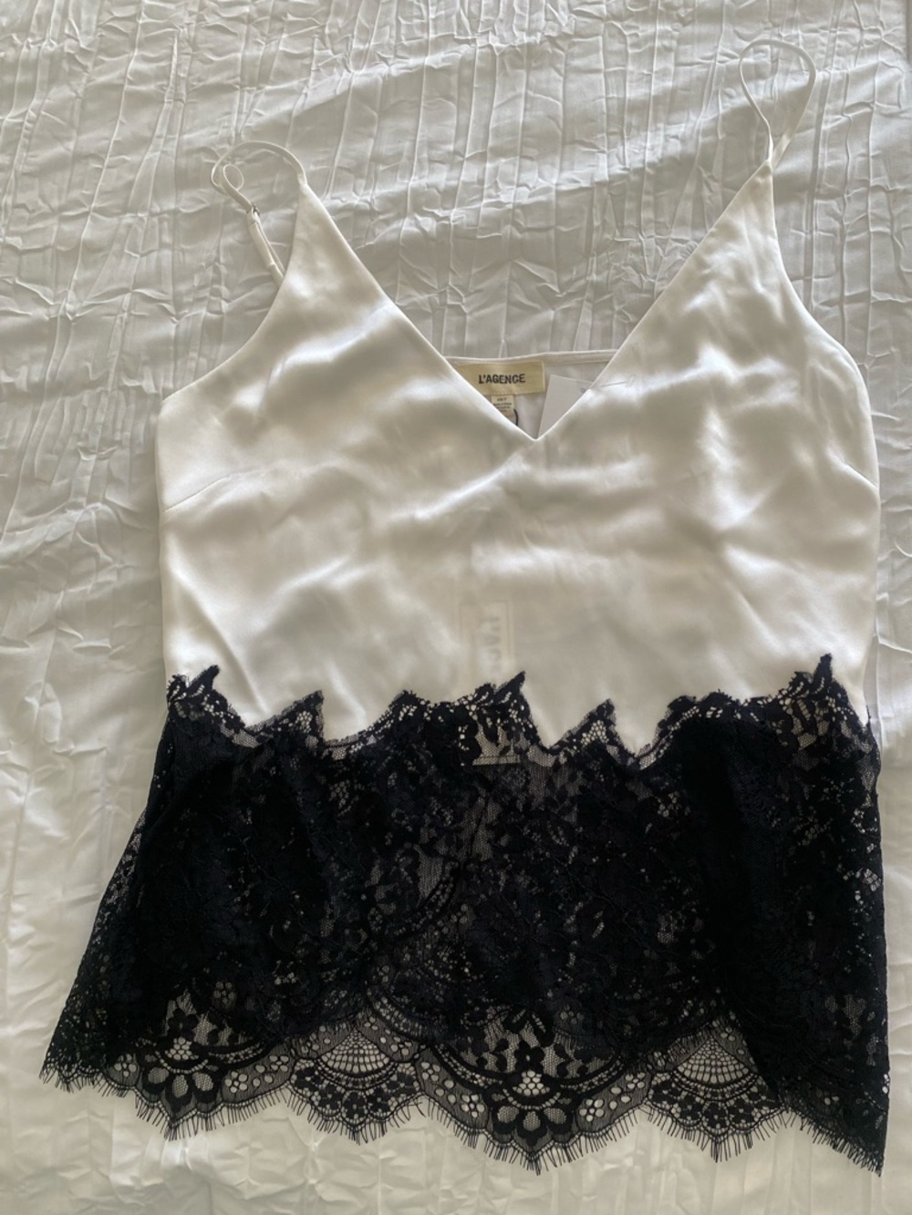 L'AGENCE White Silk Camisole with Black Lace Trim